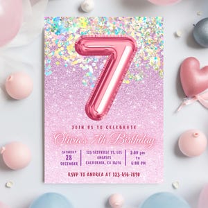 Editable Pink 7th Birthday Invitation Template Glitter Birthday Invite Rainbow Foil Girl Seventh Birthday Instant Download Digital