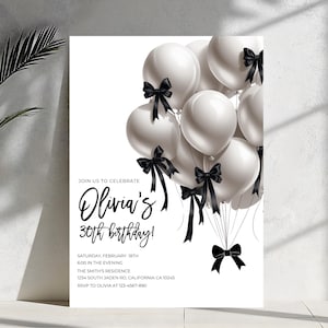 Schwarzweiße Schleifen-Geburtstagseinladung - 30th Birthday (Digitale Datei)