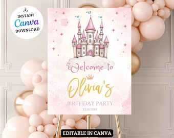 Letrero de bienvenida para el quinto cumpleaños de la princesa real, letrero de bienvenida editable en Canva para el quinto cumpleaños de la princesa, invitaciones de princesa para niñas, corona y castillo.