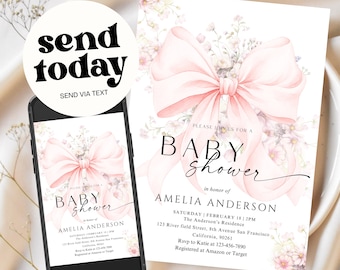 Floral Pink Bow Baby Shower Invitation Template Baby Girl Floral Shower Canva Elegant Pink Coquette Baby Shower Invitation Instant Download