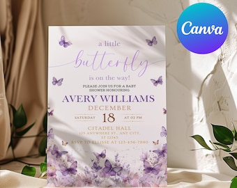 Butterfly Baby Shower Invitation, Purple Butterfly Invitation Template, Butterfly Baby Shower Invitation Girl, Butterflies and Flower PURPLE