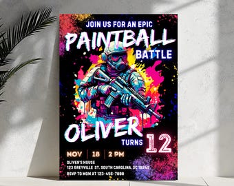 Plantilla de invitación editable para paintball, invitación para fiesta de paintball, platos de pintura para jugadores de paintball número 10 y 12, invitación para fiesta de niños, Canva editable