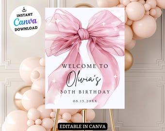 Modern Blush Pink Bow Welcome Sign Pink Coquette Birthday thirtieth Entrance Sign Template Pink Ribbon Minimalist 18x24 Coquette Invite 30th