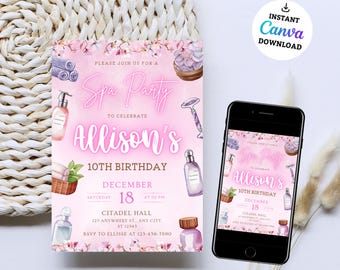 Verjaardagsuitnodiging voor spa-feest, BEWERKBARE uitnodiging voor spa-feest, Pamper Party-sjabloon, Glitz Glam Girls, Tween Manicure & Pedicures verjaardag