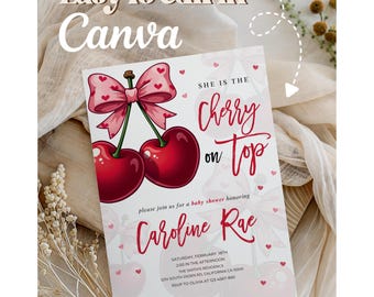 Cherry on Top Baby Shower Invitation Canva, Coquette Pink Bow Baby Girl Template, Editable Cherry Shower Invite, Printable Digital Download