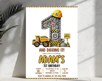 Construction Birthday Invitation: Dump Trucks, Excavator Party (Digital Download, 5x7 in)