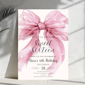 Convite de aniversário editável com laço para dezesseis anos, estilo boho minimalista, convite para festa de dezesseis anos, download digital, 18 a 13 anos