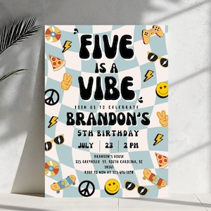 May include: A colorful invitation for a 5th birthday party with a retro vibe. The invitation features a checkered background with a variety of graphics, including a peace sign, a skateboard, a video game controller, and a pizza slice. The text on the invitation reads "Five is a Vibe" and "Brandon's 5th Birthday".