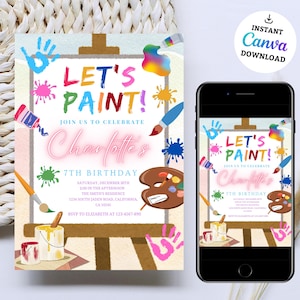 Pode incluir: Um convite colorido para uma festa de aniversário de 7 anos com o tema "Vamos pintar!" O convite apresenta um pincel, uma paleta de pintura, latas de tinta e impressões de mãos. O convite é projetado para parecer uma tela em um cavalete.