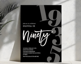 May include: A black and white invitation card with the text "join us to celebrate OLIVIA IS Ninety". The number "1935" is in the background. The invitation includes the date, time, and location.