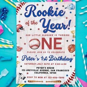 Baseball erste Geburtstagseinladung, Rookie des Jahres einladen, Baseball-Geburtstagsfeier, Geburtstag einladen Reihe bearbeitbare Vorlage einladen