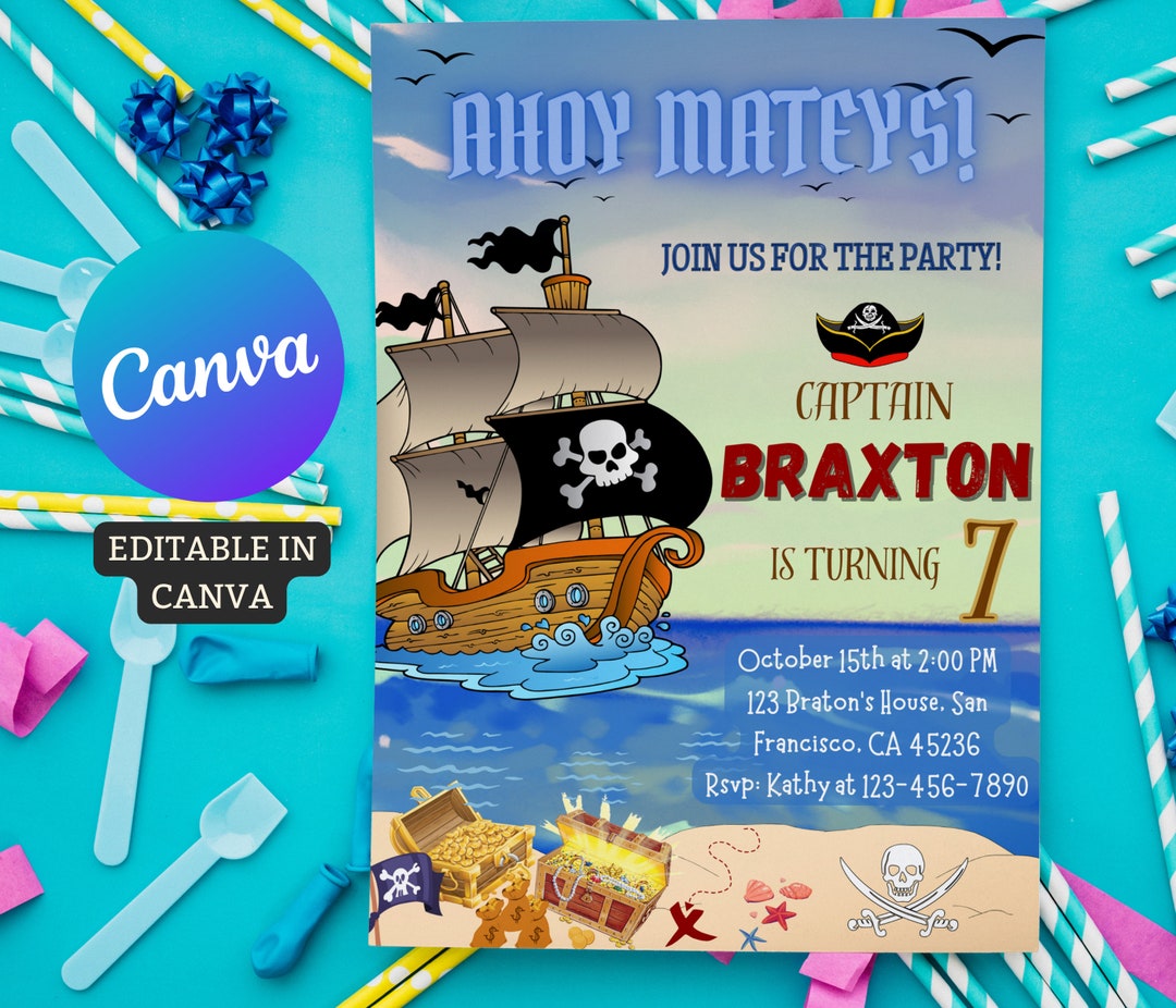 Editable Pirate Birthday Invitation Digital Birthday Etsy