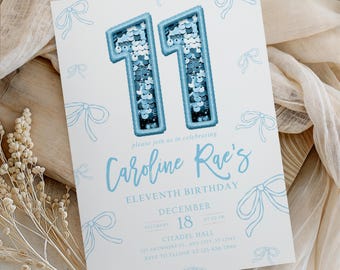Editable Blue Bow Birthday Invitation, Blue Bow Girl Birthday Invite, Blue Girl Ribbon Minimalist Birthday Invitation Blue Coquette Invite