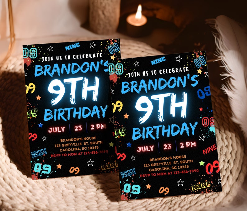 May include: A black and neon birthday invitation with the text "Join us to celebrate Brandon's 9th Birthday" with a neon blue 9. The invitation includes the date, time, and location of the party.