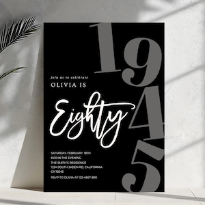 80th Birthday Invitation: Simple 1945 Design (Canva Template Digital Download 5x7 in