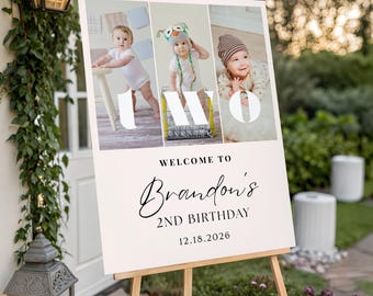 2nd Birthday Party Welcome Sign With Photo, Minimalist Boy Girl Second Birthday Poster: Editable Canva Template