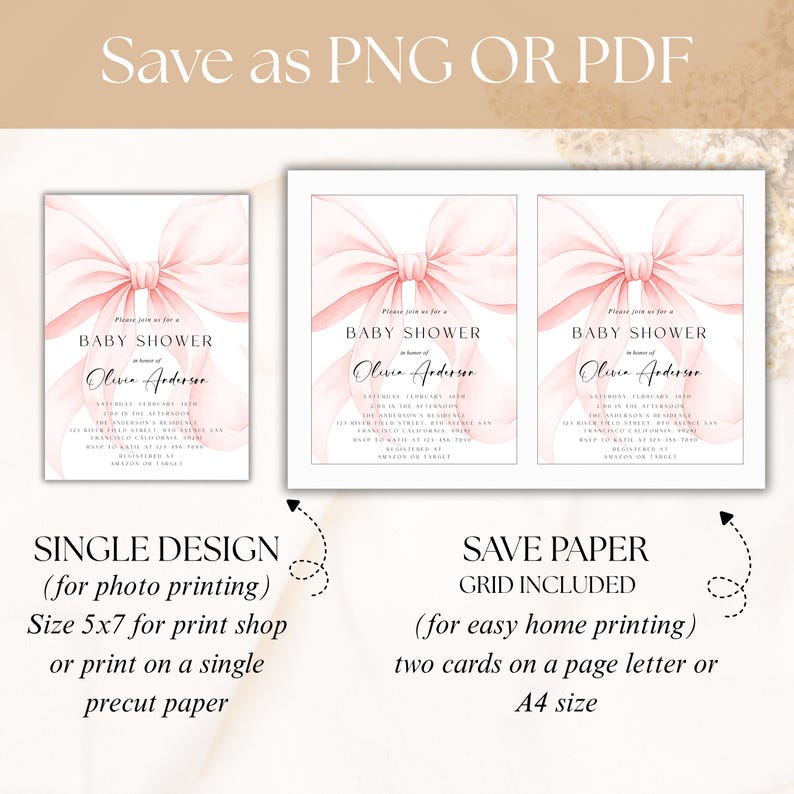May include: Baby shower invitations with a watercolor pink bow design. The invitations include the text "Baby Shower" and the name "Olivia Andersen". The image also includes instructions to save as PNG or PDF.