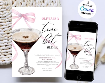 Een Tini Bit oudere verjaardagsuitnodiging voor verjaardagsfeestje, BEWERKBARE espresso martini thema verjaardagsuitnodiging, Coquette Dirty Thirty Invite Martini verjaardag