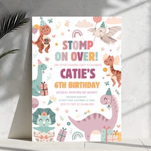 Dinosaur Birthday Party Editable Girls Dinosaur Birthday Party Invitation Stomp on Over Pink T-Rex Pastel Cute Dinosaur Party Template Dino