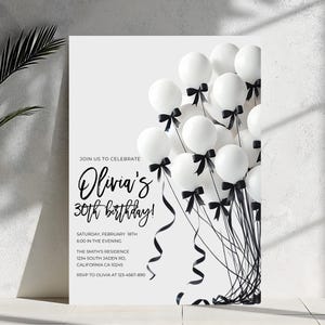 Schwarz weiße Schleifen-Geburtstagseinladung: Ballon-Party (Digitaler Download)
