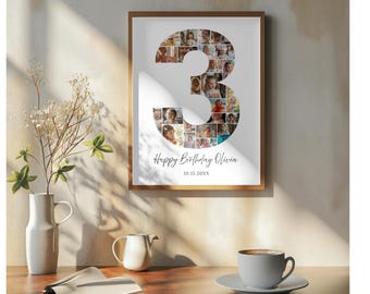 Modello per collage di foto per il terzo compleanno, collage con il numero tre, collage di foto per il terzo compleanno, regalo personalizzato per lei, terzo compleanno, modello per collage con i numeri