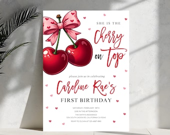 Invitación de cumpleaños para niña con diseño de cereza, plantilla editable para primer cumpleaños con lazo rosa, invitación coqueta rosa.