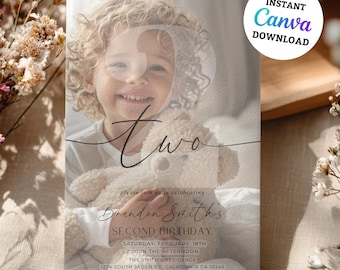 Editable 2nd Birthday Invitation Second Birthday Party Invite Minimalist Boho 2nd Boy Birthday Girl Birthday Instant Digital Download Two
