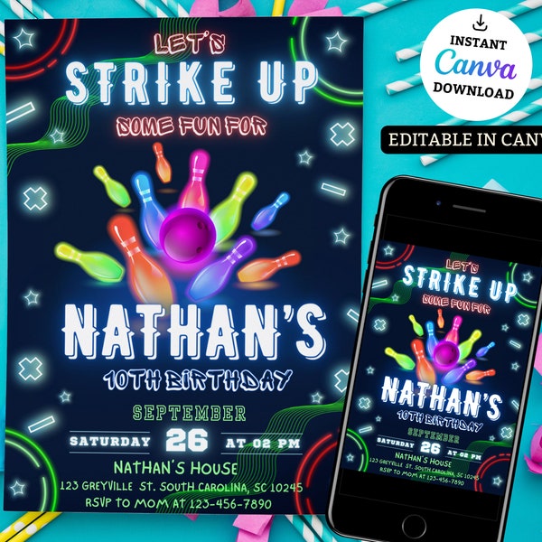 Bowling birthday invitation, let's strike up some fun, EDITABLE Bowling Invitation, Boy Bowling Birthday Invitation, Neon Glow Invitation