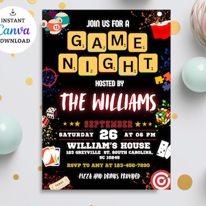 Game Night Invitation, EDITABLE House Party Invite, Board Games, Printable Birthday Template, Family Game Night, Instant Download