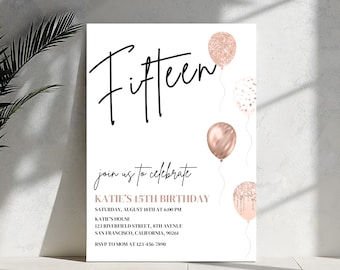 15th Birthday Invitation Editable, Fifteen Birthday Invite, Girl Birthday Party Digital Download, 15th Birthday, 14th Birthday, 13th Invite