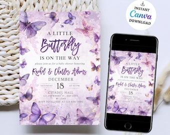 Butterfly Baby Shower Invitation: Pink & Purple, Editable Canva Template (5x7 in Digital Download)