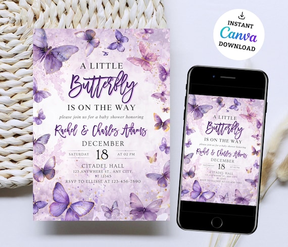 Butterfly Baby Shower Invitation: Pink & Purple, Editable Canva Template (5x7 in Digital Download)