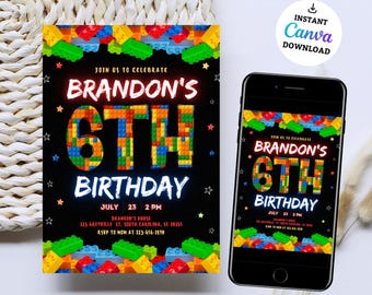May include: A black birthday invitation with colorful block-style lettering that spells out "BRANDON'S 6TH BIRTHDAY." The invitation includes the date, time, and location. A smartphone displays the same design. The words "Instant Canva Download" are also visible.