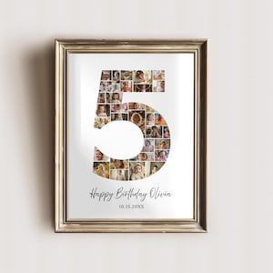 May include: A framed print featuring a collage of photos in the shape of the number 5. The number is filled with various images. The words "Happy Birthday Olivia" and the date 10.15.20XX are written below the number in a script font. The frame is gold.