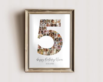 5th Birthday Photo Collage Template, Number Five Collage, 5th Photo Collage, Five Birthday Number Collage Canva Template, Fifth Photo decor