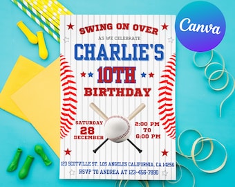 Può includere: Invito a una festa di compleanno a tema baseball con strisce rosse e bianche, una palla da baseball e mazze. L'invito dice "Swing on Over as we celebrate Charlie's 10th Birthday".