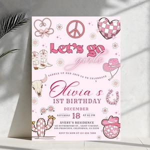 Let&#39;s Go Girls Birthday Invitation Template Editable Hot Pink Cowgirl Birthday Party Disco Rodeo Western Invite Space Cowgirl