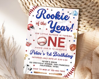 Invitación para el primer cumpleaños de béisbol, invitación al Novato del Año, fiesta de cumpleaños de béisbol, plantilla editable para invitación de cumpleaños.
