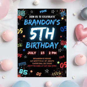 May include: A black and white birthday party invitation with neon colors. The invitation says "Join us to celebrate Brandon's 5th Birthday" with the date and time of the party. The invitation is decorated with stars, the number 5, and the word "Five".