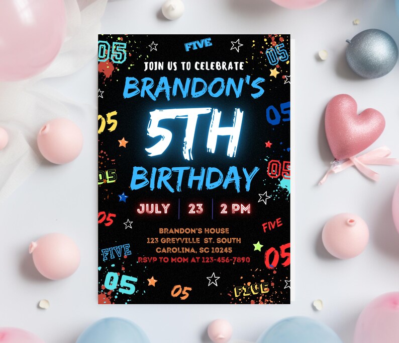 May include: A black and white birthday party invitation with neon colors. The invitation says "Join us to celebrate Brandon's 5th Birthday" with the date and time of the party. The invitation is decorated with stars, the number 5, and the word "Five".