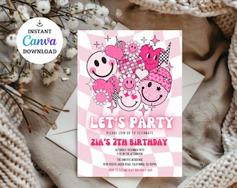 Faire-part d'anniversaire smiley rétro rose : fête en damier (téléchargement numérique)