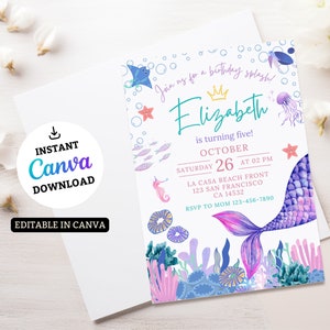 Invitación de niña sirena, invitación bajo el mar, invitación de sirena, mensaje de texto de cumpleaños de sirena, obsequios de fiesta de Evite, invitación de cumpleaños