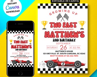 Two Fast Birthday Invite, Editable TWO Fast Birthday Invitation Race Car 2nd Birthday Invite Racing Car Vintage Race Car Printable Template