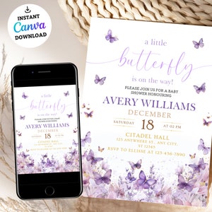 Invito per baby shower a forma di farfalla, modello di invito a forma di farfalla viola, invito per baby shower a forma di farfalla per bambina, farfalle e fiori VIOLA