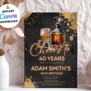 Whiskey Birthday Invitation, Editable Adult Men Birthday Invite, 30th 40th 50th Any Age, Cognac Scotch Liquor, Printable Download, Adult Men