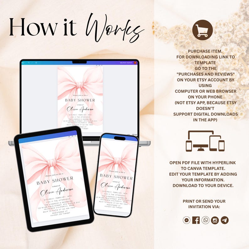 May include: A baby shower invitation template displayed on a laptop, tablet, and smartphone. The invitation features a pink bow design and the text "Baby Shower". Instructions on how to download and edit the template are also included.