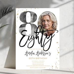 80th Birthday Photo Invitation: Simple Elegant Design (Digital File)