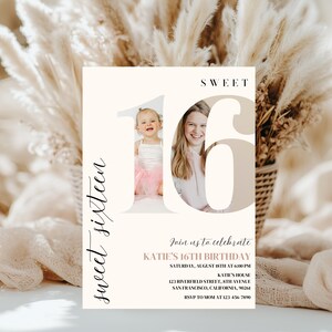 May include: A white invitation card with a pink and white number 16. The number is made up of two photos of a young girl and a woman. The text "Sweet Sixteen" is written in cursive on the left side of the card. The text "Join us to celebrate Katie's 16th Birthday" is written in pink on the bottom of the card.
