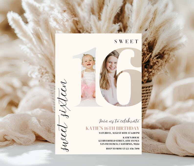 May include: A white invitation card with a pink and white number 16. The number is made up of two photos of a young girl and a woman. The text "Sweet Sixteen" is written in cursive on the left side of the card. The text "Join us to celebrate Katie's 16th Birthday" is written in pink on the bottom of the card.