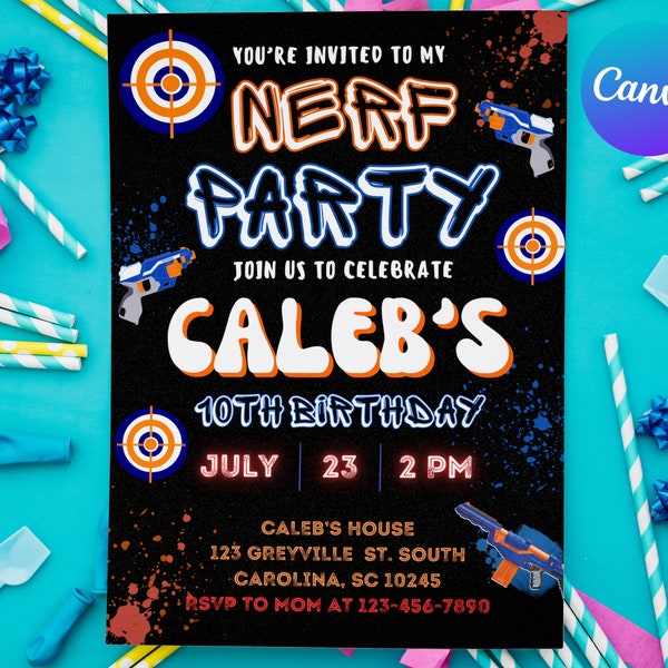 Editable Nerf Birthday Invitation, Dart Gun Party Invite for Boys Birthday Party, Nerf Party Template, Digital Instant Download